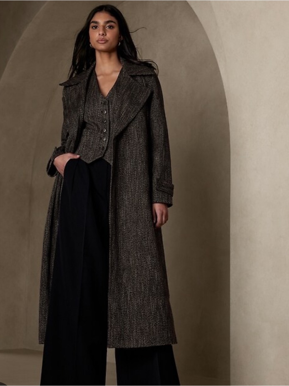 BANANA REPUBLIC Kit Tweed Trench Coat in Black, Size XS